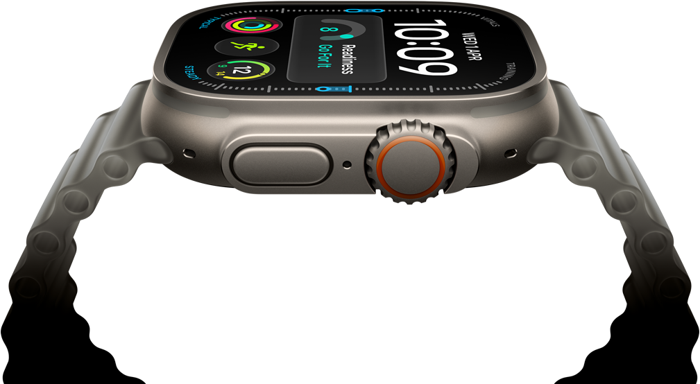 Apple Watch Ultra 4, titanové pouzdro, přírodní barva, digitální ciferník, komplikace: připravenost, tepová frekvence, cvičení, teplota, na pravém boku korunka Digital Crown, vyvýšené boční tlačítko, Oceánský řemínek, průhledně šedá barva