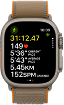 Apple Watch Ultra 4, titanové pouzdro, přírodní barva, pokročilé ukazatele cvičení Běh venku, na pravém boku korunka Digital Crown, vyvýšené boční tlačítko, Trailový tah, písková barva