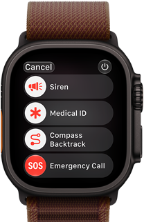 Apple Watch Ultra 4, titanové pouzdro, černá barva, satelitní připojení, na pravém boku korunka Digital Crown, vyvýšené boční tlačítko, Alpský tah, burgundsky červená barva