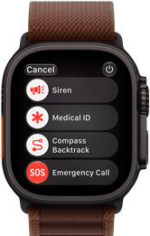 Apple Watch Ultra 4, titanové pouzdro, černá barva, satelitní připojení, na pravém boku korunka Digital Crown, vyvýšené boční tlačítko, Alpský tah, burgundsky červená barva