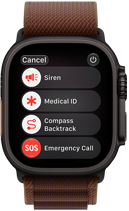 Apple Watch Ultra 4, titanové pouzdro, černá barva, satelitní připojení, na pravém boku korunka Digital Crown, vyvýšené boční tlačítko, Alpský tah, burgundsky červená barva