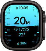 Apple Watch Ultra 4, titanové pouzdro, černá barva, aplikace Hloubka s potápěčskými ukazateli, na pravém boku korunka Digital Crown, vyvýšené boční tlačítko