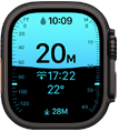  Apple Watch Ultra 4, titanové pouzdro, černá barva, aplikace Hloubka s potápěčskými ukazateli, na pravém boku korunka Digital Crown, vyvýšené boční tlačítko