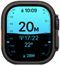  Apple Watch Ultra 4, titanové pouzdro, černá barva, aplikace Hloubka s potápěčskými ukazateli, na pravém boku korunka Digital Crown, vyvýšené boční tlačítko
