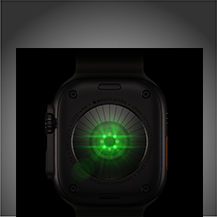 Pohled zezadu na Apple Watch Ultra 4, titanové pouzdro, černá barva, několik kulatých snímačů se svítícími zelenými LED diodami