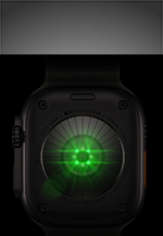 Pohled zezadu na Apple Watch Ultra 4, titanové pouzdro, černá barva, několik kulatých snímačů se svítícími zelenými LED diodami
