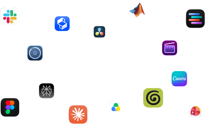 Různé glyfy aplikací uspořádané kolem textu: Aplikace v macOS jen sviští