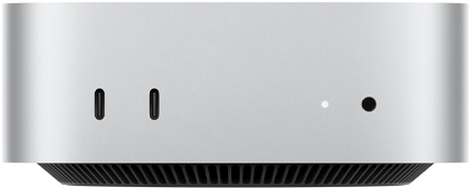 Pohled zepředu na Mac mini, dva porty Thunderbolt, stavová kontrolka a sluchátkový konektor, černá základna se zkosenými hranami, plochá horní strana, zaoblené boční hrany, rovné strany, stříbrná barva