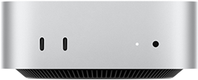 Pohled zepředu na Mac mini, dva porty Thunderbolt, stavová kontrolka a sluchátkový konektor, černá základna se zkosenými hranami, plochá horní strana, zaoblené boční hrany, rovné strany, stříbrná barva