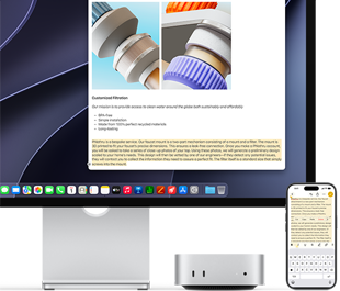 Pohled zepředu na Mac mini zasunutý pod Studio Displayem, napravo od zařízení a displeje je položený iPhone. Na displeji je vybraný text a nad ním jsou vidět příkazy Vyjmout, Kopírovat, Vložit a Vyplnit automaticky. Zvýrazněný text na displeji se shoduje s textem vybraným na iPhonu, aby byla vidět možnost použití Univerzální schránky.