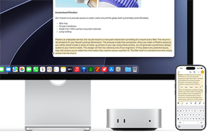 Pohled zepředu na Mac mini zasunutý pod Studio Displayem, napravo od zařízení a displeje je položený iPhone. Na displeji je vybraný text a nad ním jsou vidět příkazy Vyjmout, Kopírovat, Vložit a Vyplnit automaticky. Zvýrazněný text na displeji se shoduje s textem vybraným na iPhonu, aby byla vidět možnost použití Univerzální schránky.