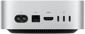 Pohled zezadu na Mac mini, napájecí zdířka, ethernetový port, port HDMI, tři porty Thunderbolt