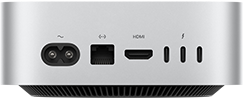 Pohled zezadu na Mac mini, napájecí zdířka, ethernetový port, port HDMI, tři porty Thunderbolt