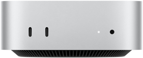 Pohled zepředu na Mac mini, dva porty Thunderbolt, stavová kontrolka a sluchátkový konektor, černá základna se zkosenými hranami, plochá horní strana, zaoblené boční hrany, rovné strany, stříbrná barva