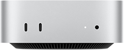 Pohled zepředu na Mac mini, dva porty Thunderbolt, stavová kontrolka a sluchátkový konektor, černá základna se zkosenými hranami, plochá horní strana, zaoblené boční hrany, rovné strany, stříbrná barva