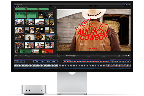 Mac mini spárovaný se Studio Displayem, vpravo na obrazovce je vidět úvodní záběr z filmu Black American Cowboy, vlevo několik statických snímků
