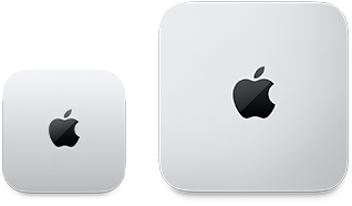 Pohled shora na dva Macy mini, stříbrný hliník, zakulacené rohy, uprostřed lesklé černé logo Apple, zařízení vlevo je novější verze a je o víc než polovinu menší než zařízení vpravo