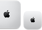 Pohled shora na dva Macy mini, stříbrný hliník, zakulacené rohy, uprostřed lesklé černé logo Apple, zařízení vlevo je novější verze a je o víc než polovinu menší než zařízení vpravo
